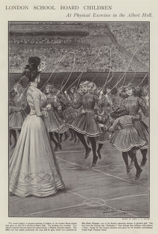 London School Board-barn på fysiske øvelser i Albert Hall (litho) av Percy F.S. (after) Spence
