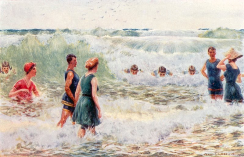 Surfebading, skyting av breakers (farge litho) av Percy F.S. (after) Spence