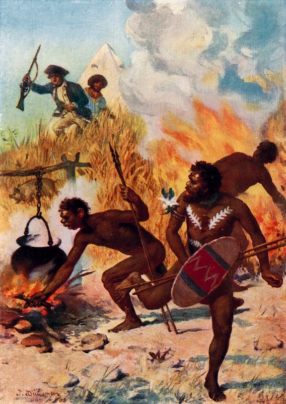 De australske innfødte på Captain Cooks tid (farge litho) av Percy F.S. (after) Spence