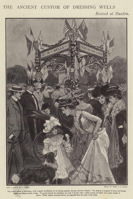 Den eldgamle skikken med å kle brønner gjenopplivet i Buxton, Derbyshire (litho) av Percy F.S. (after) Spence