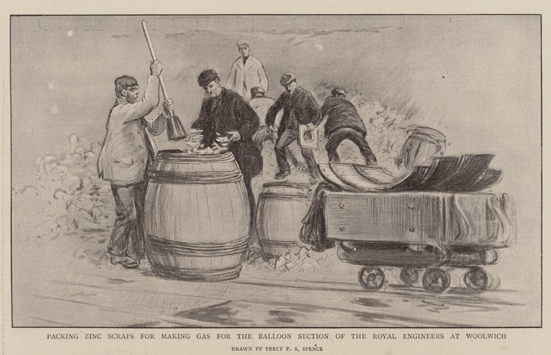 Pakking av sink-rester for å lage gass til ballongseksjonen til Royal Engineers i Woolwich av Percy F.S. Spence