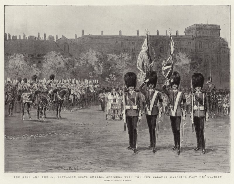 Kongen og 3. bataljon skotske vakter, offiserer med de nye fargene marsjerende forbi Hans Majestet av Percy F.S. Spence