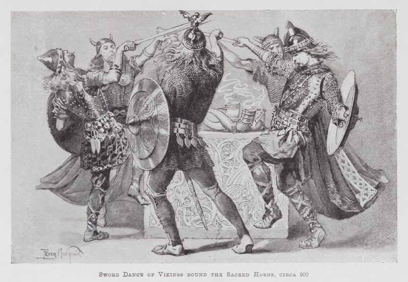 Dans: Vikingenes sverddans rundt de hellige hornene, rundt 900 (litho) av Percy Macquoid