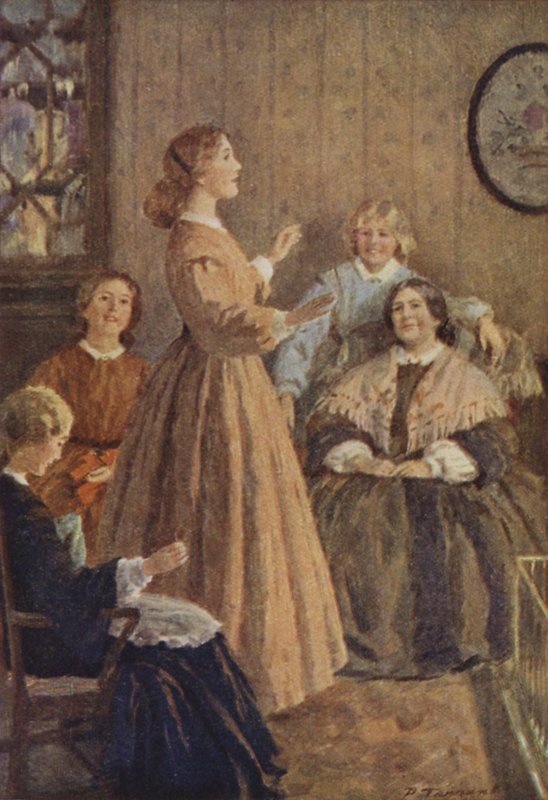Illustrasjon for små kvinner av Louis M Alcott (farge litho) av Percy Tarrant