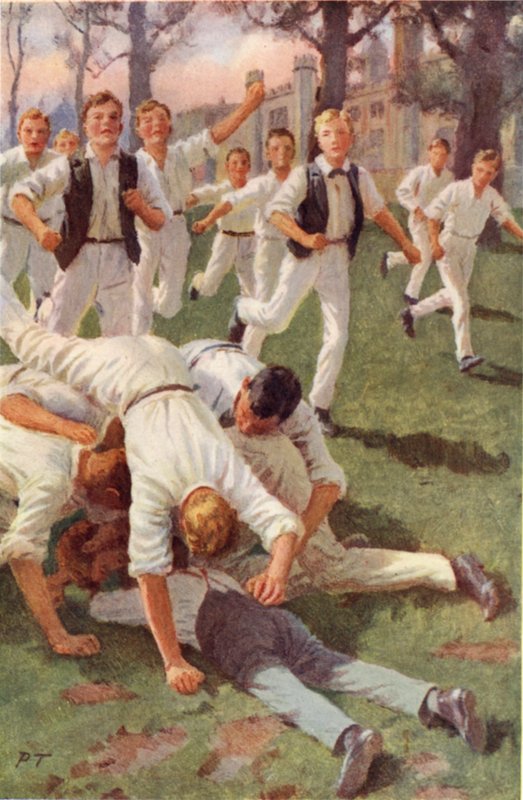 De to skynder seg sammen og kaster seg på ballen (farge litho) av Percy Tarrant