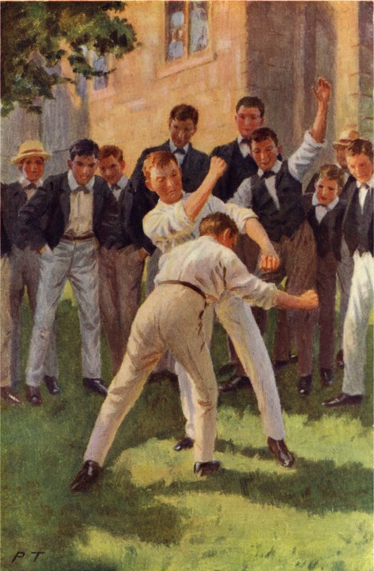 Tom går inn og slår to tunge kroppslag (farge litho) av Percy Tarrant
