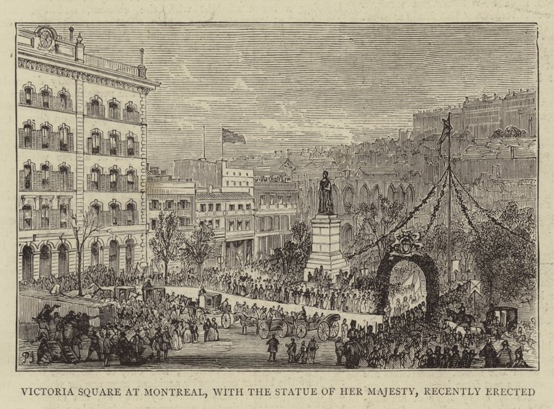 Victoria Square i Montreal, med statuen av Hennes Majestet, nylig reist av Percy William Justyne