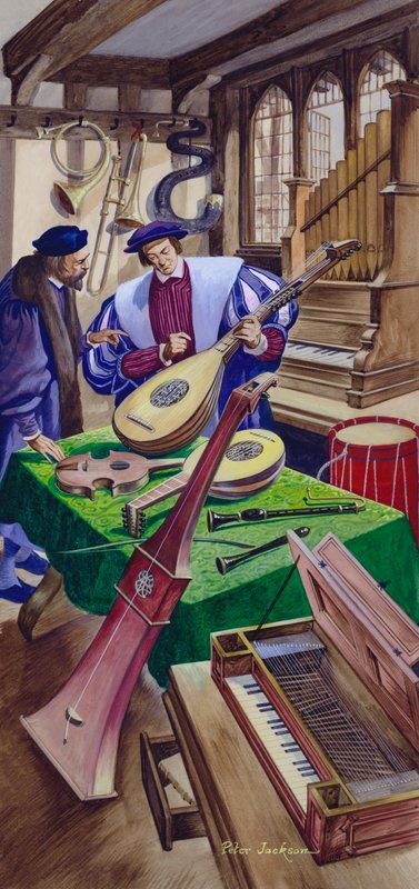 En produsent av musikkinstrumenter i butikken hans i Tudor-tiden av Peter Jackson