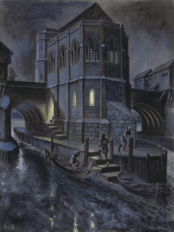 Imaginær rekonstruksjon av det første kapellet på Old London Bridge av Peter Jackson