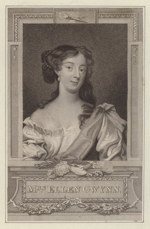 Nell Gwyn, elskerinne til kong Charles II (gravering) av Peter (after) Lely