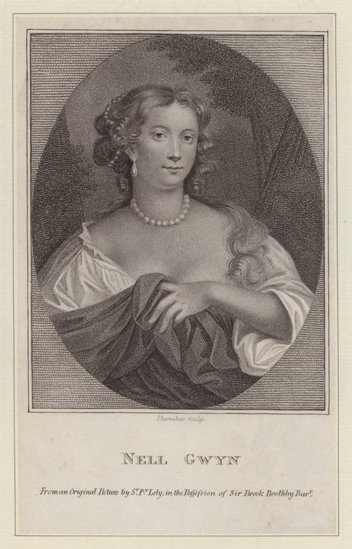 Nell Gwyn, elskerinne til kong Charles II (gravering) av Peter (after) Lely