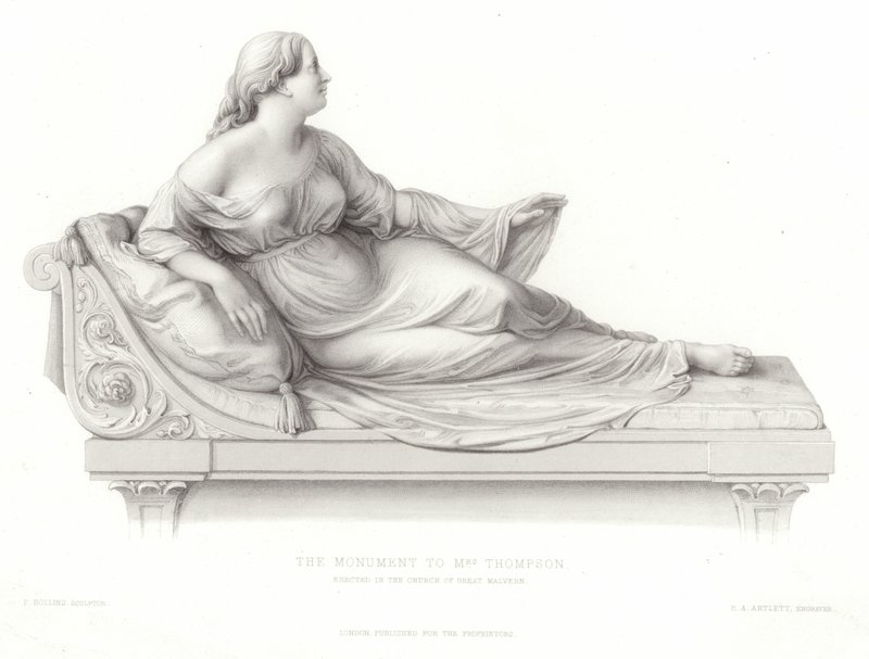 Monument til fru Thompson reist i kirken Great Malvern av Peter Hollins