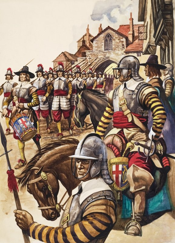 En gruppe pikenmenn fra New Model Army marsjerer inn i kamp ledet av en trommeslager (gouache på papir) av Peter Jackson