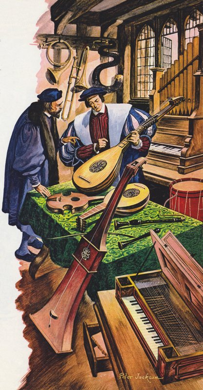 En produsent av musikkinstrumenter i butikken hans i Tudor-tiden av Peter Jackson