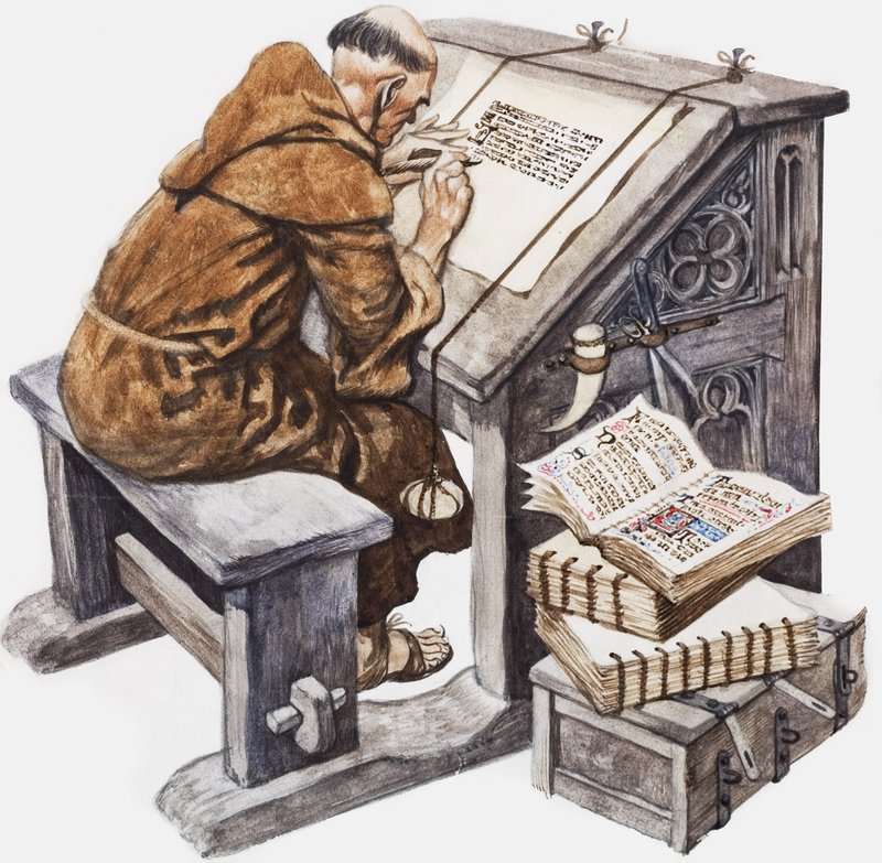 En munk ved skrivebordet sitt i et scriptorium (gouache på papir) av Peter Jackson
