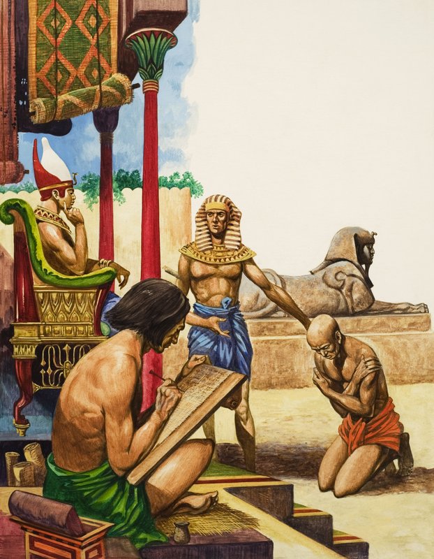 En slave blir ført frem for faraoen (gouache på papir) av Peter Jackson