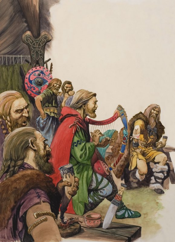 Alfred (849–899) forkledd som en trubadur i kong Guthrums leir (gouache på papir) av Peter Jackson