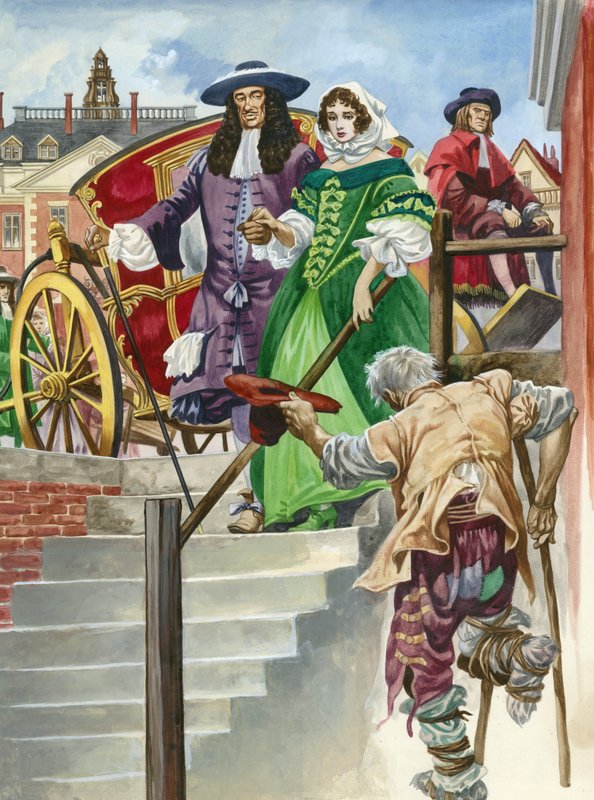 En gammel soldat ber kong Charles II, med Chelsea Hospital bak av Peter Jackson