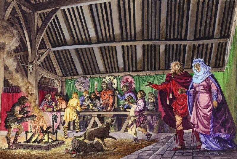 Den angelsaksiske Thane leder sin kone inn i den store salen av Peter Jackson