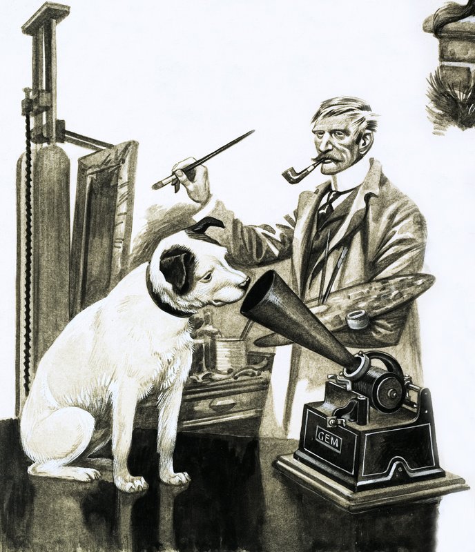 Kunstner som maler hunden som lytter på en grammofon av Peter Jackson