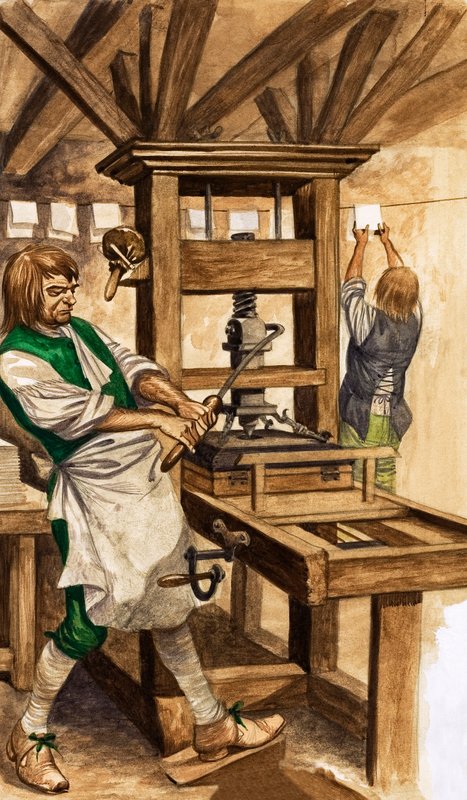 Caxtons presse (gouache på papir) av Peter Jackson