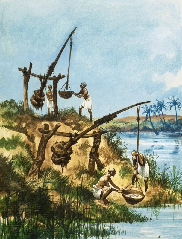 Tidlige egyptere brukte et system av vekter og stolper kalt shadoofs for å få vann fra Nilen av Peter Jackson