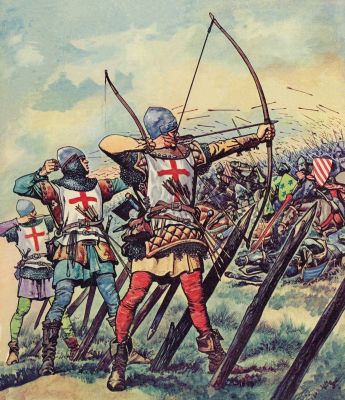 Engelske bueskytter i slaget ved Crecy (farge litho) av Peter Jackson