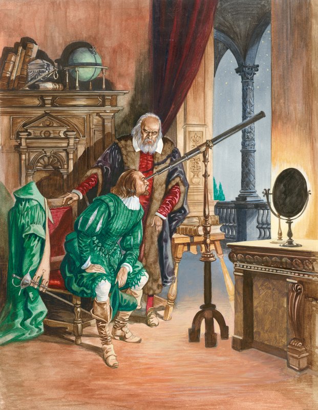 Galileo, nå blind, lar en venn se på stjernene gjennom teleskopet sitt fra balkongen til studiet hans i Pisa av Peter Jackson