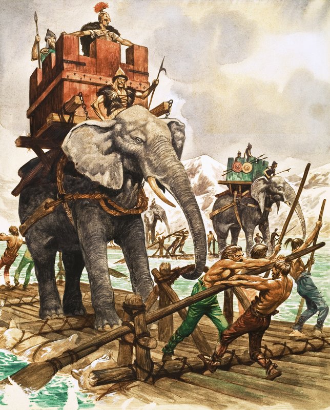 Hannibal og elefantene hans krysser en elv med flåte av Peter Jackson
