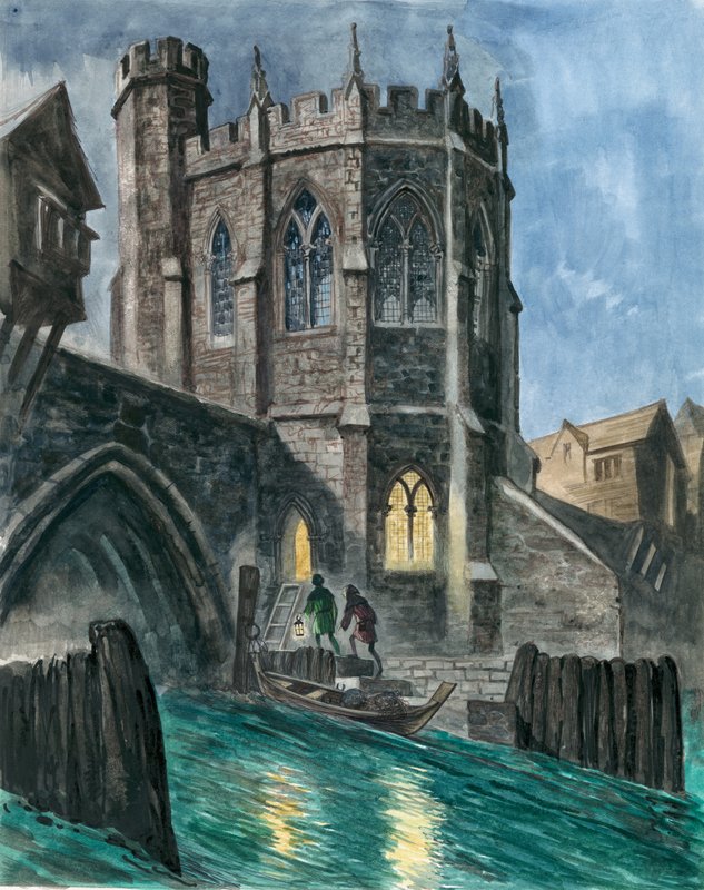 Imaginær rekonstruksjon av Chapel of St Thomas på gamle London Bridge av Peter Jackson