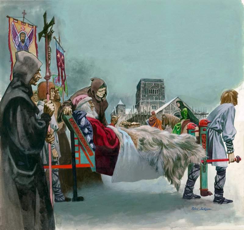 Kong Edward, senere Saint Edward the Confessor, ser på byggingen av Westminster fra et kull der han ligger syk av Peter Jackson