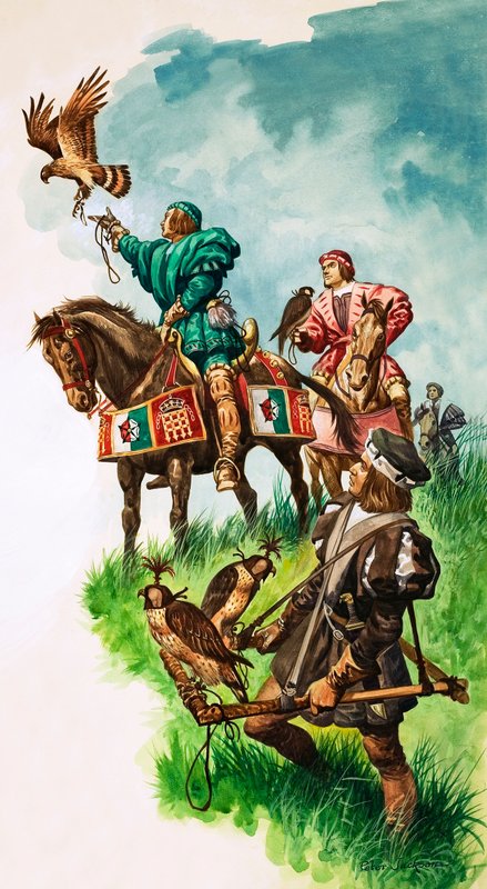 Kong Henry VII slipper ut falken mens han jakter (gouache på papir) av Peter Jackson