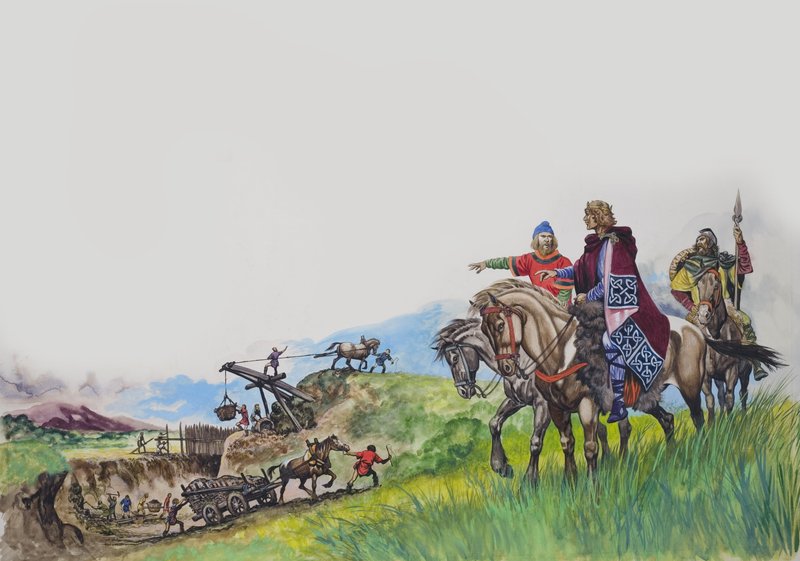 Kong Offa (757–96) ser på at diket hans blir bygget (gouache på papir) av Peter Jackson