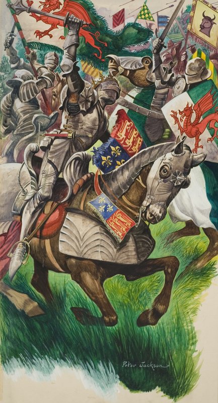 Kong Richard (1452–85) og Henrik Tudor (1457–1509) på slagmarken ved Market Bosworth i 1485 (gouache på papir) av Peter Jackson