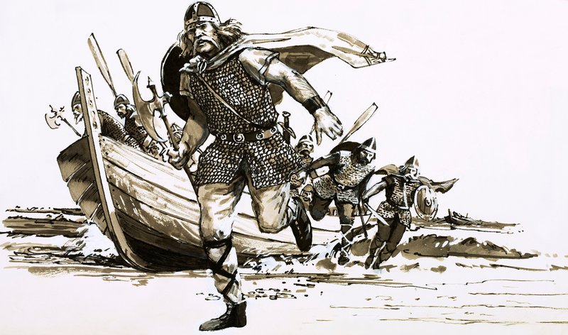 Kong Vortigern brakte to barbarhøvdinger - Hengest og Horsa - til Storbritannia (gouache på papir) av Peter Jackson