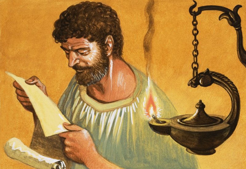 La det bli lys! Gresk mann leser ved lampe-lys av Peter Jackson