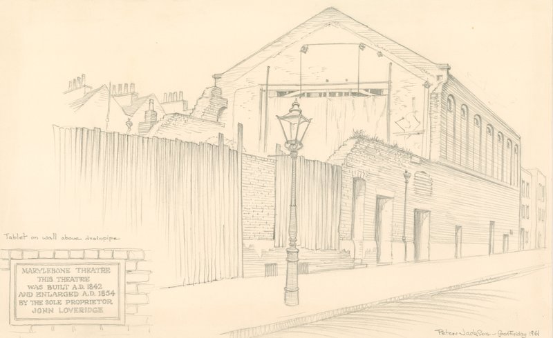 Marylebone Theatre, London, baksiden av teateret i Mulready Street (opprinnelig Little Church Street) av Peter Jackson