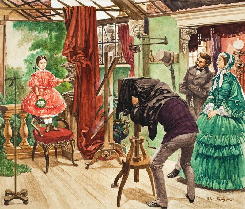 Fotograferingssesjon fra det nittende århundre (gouache på papir) av Peter Jackson