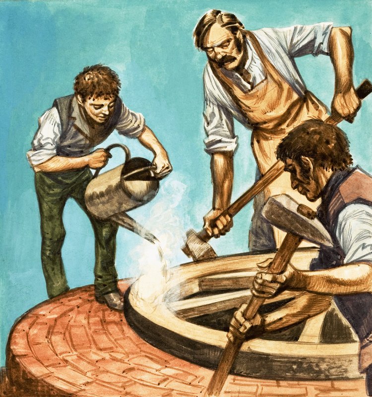 Once Upon a Time... landsbyliv for hundre år siden. Wheelwrights setter jernfelgen på et hjul av Peter Jackson