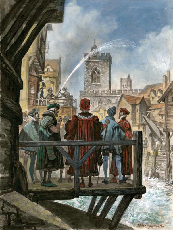 Peter Morris vannverk på gamle London Bridge blir beundret av Lord Mayor og Aldermen of the City av Peter Jackson