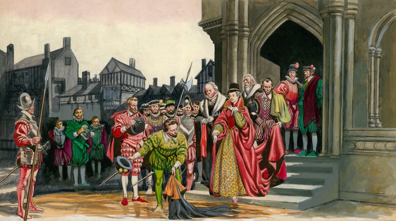 Sir Walter Raleigh legger fra seg kappen for dronning Elizabeth I av Peter Jackson
