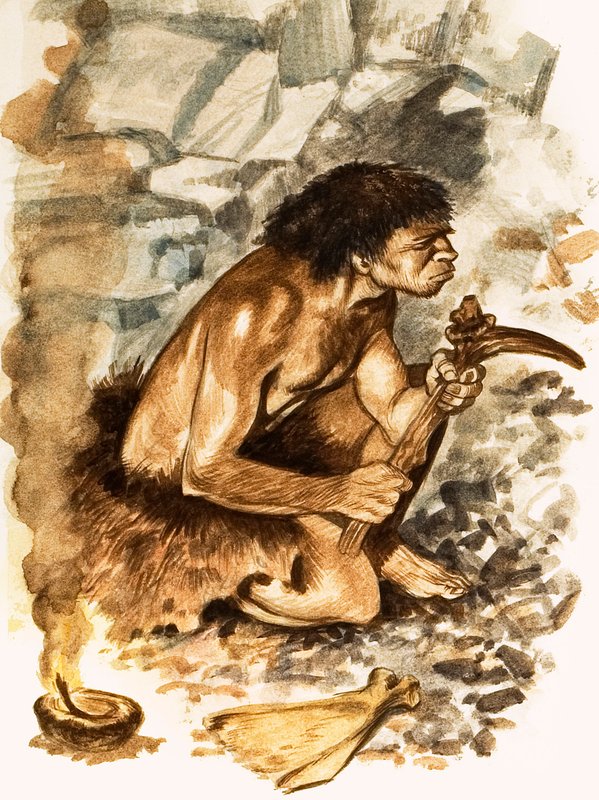 Steinalderverktøymaker (gouache på papir) av Peter Jackson