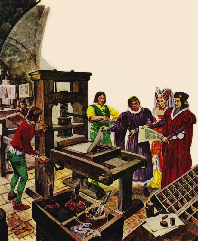 William Caxton viser frem sin trykkpresse til kong Edward IV og hans dronning, Elizabeth av Peter Jackson