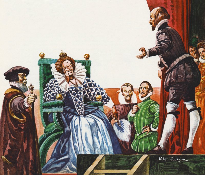 William Shakespeare presenterer et av skuespillene sine for dronning Elizabeth I av Peter Jackson