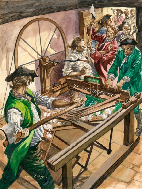 Arbeidere angriper Blackburn-hjemmet til James Hargreaves for å ødelegge oppfinnelsen hans, Spinning Jenny av Peter Jackson