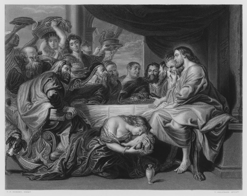 Maria salver Kristi føtter, fra bildet i Royal Collection (gravering) av Peter Paul (after) Rubens