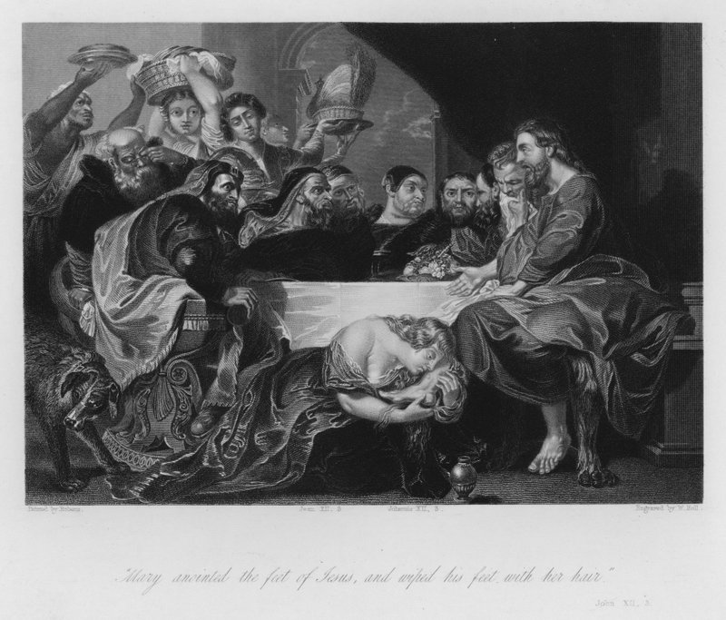 Maria Magdalena som salver ut Frelserens føtter, Johannes XII, 3 (gravering) av Peter Paul (after) Rubens