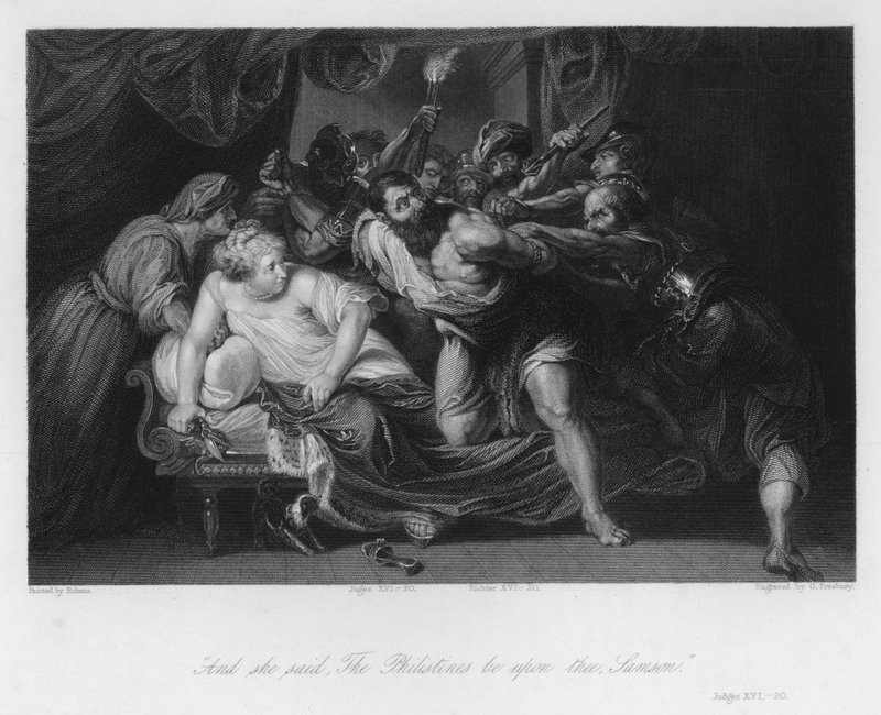 Samson forrådt av Delila, dommere XVI, 20 (gravering) av Peter Paul (after) Rubens