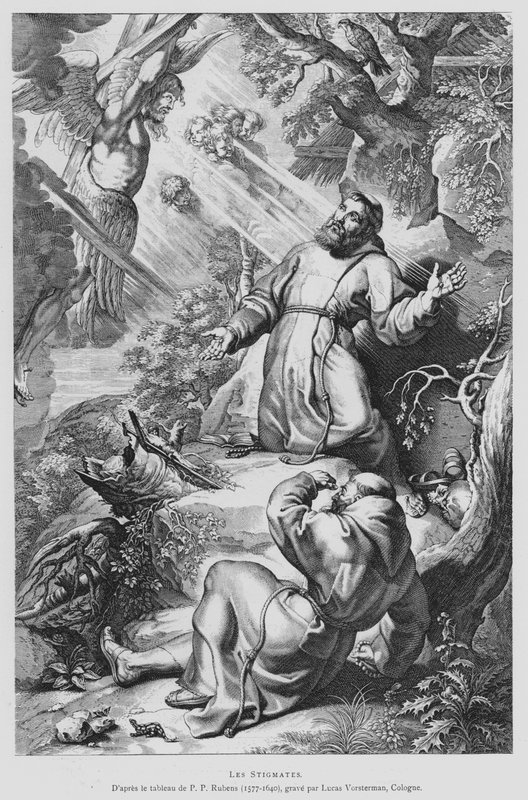St Francis mottar Stigmata (litho) av Peter Paul (after) Rubens