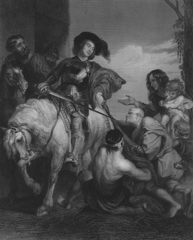 St Martin deler kappen sin (gravering) av Peter Paul (after) Rubens